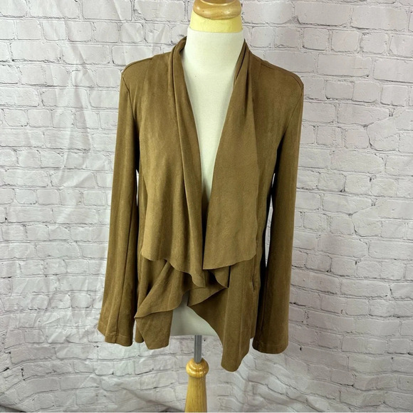 dana buchman faux suede draped open front cardigan sz large rich camel tan brown - Picture 1 of 9